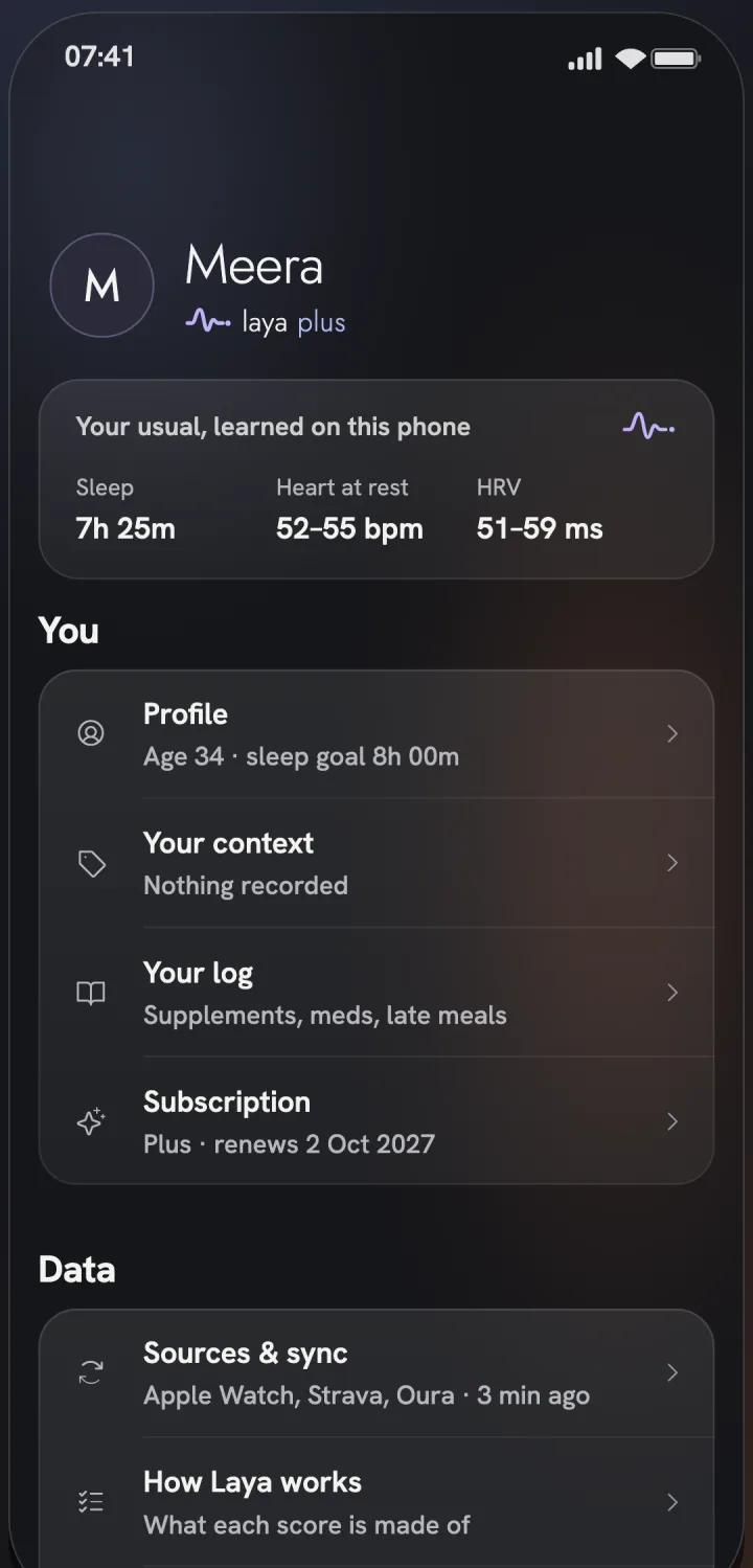 Laya's You page with made-up data: “Your usual, learned on this phone” with sleep, heart at rest and HRV ranges.
